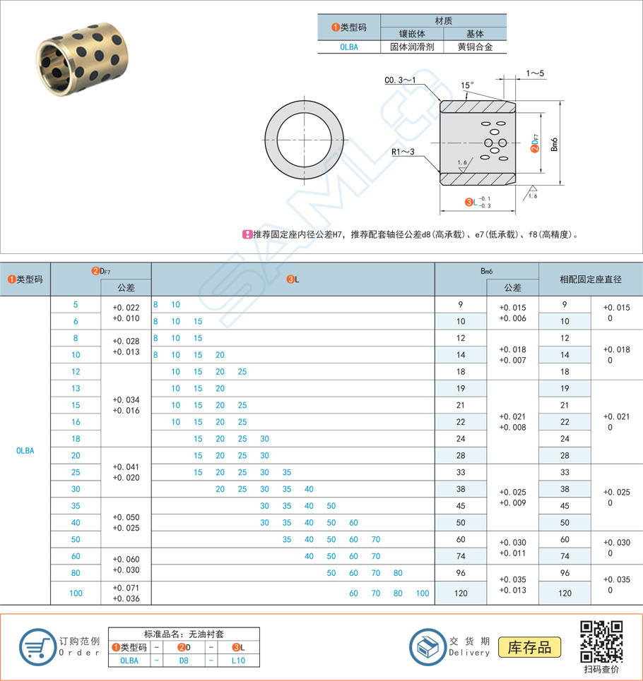 銅合金型無油襯套-直柱型規格參數
