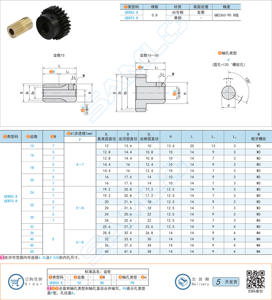 帶凸肩型直齒輪-壓力角20°模數0.8規格參數
