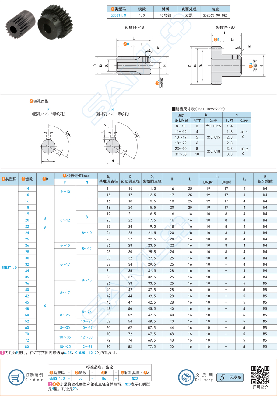 帶凸肩薄型直齒輪-壓力角20°模數1.0規格參數