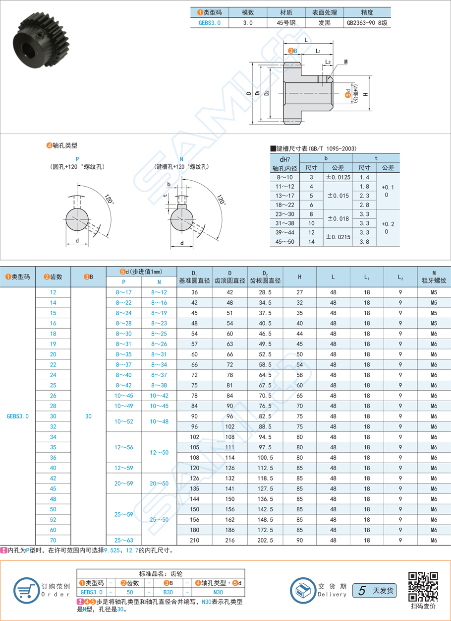 帶凸肩型直齒輪-壓力角20°模數3.0規格參數