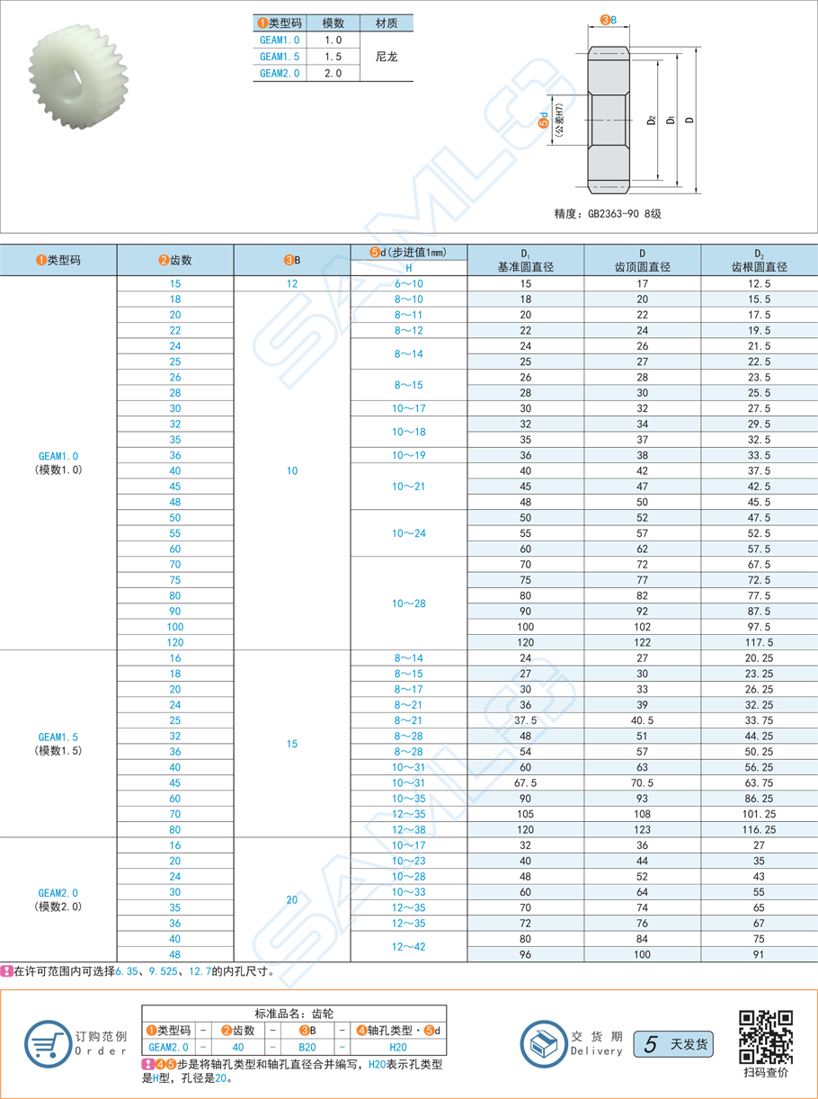 尼龍直齒輪-壓力角20°模數1.0/1.5/2.0規格尺寸