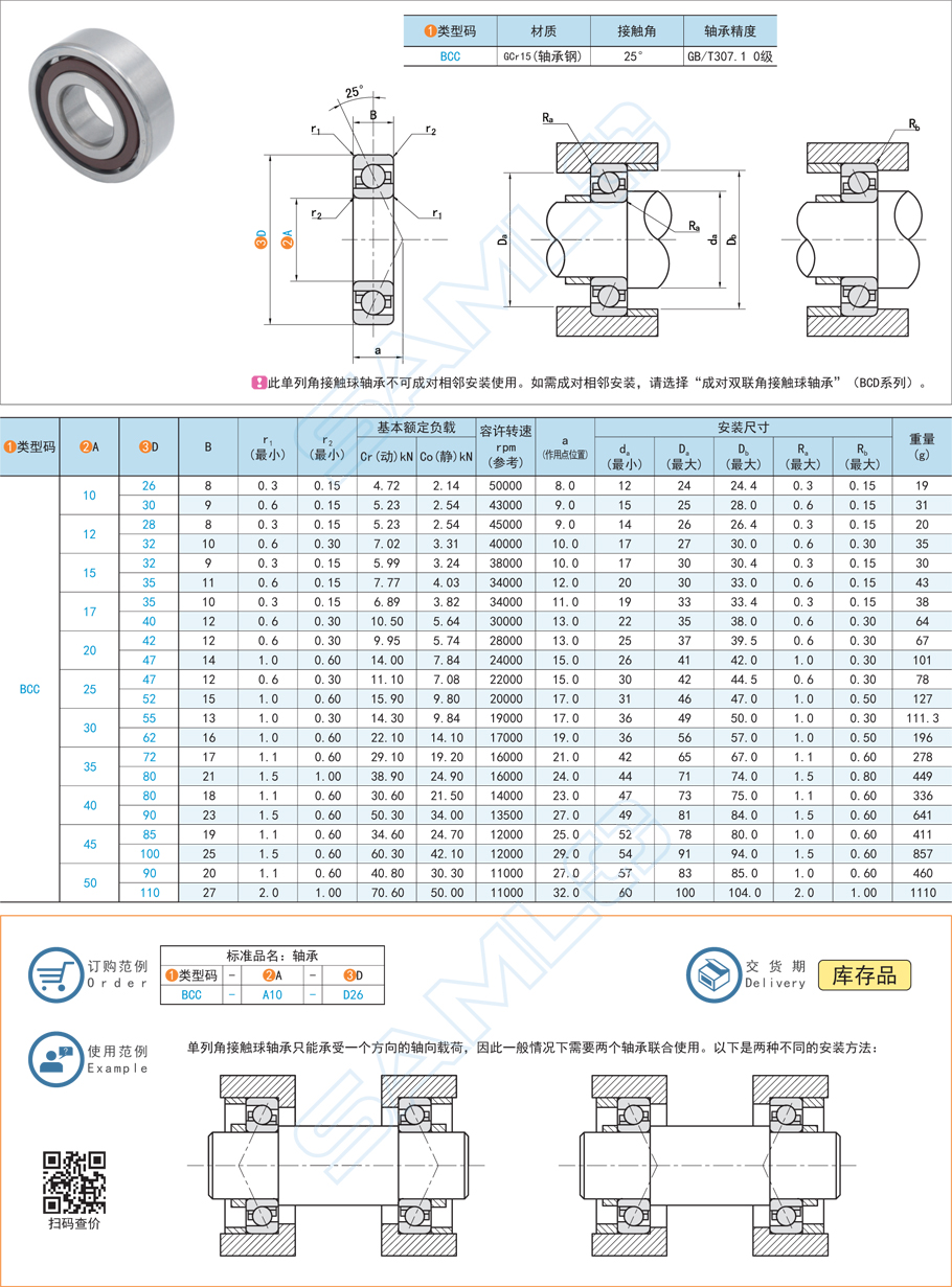 單列角接觸球軸承BCC規格參數尺寸材質