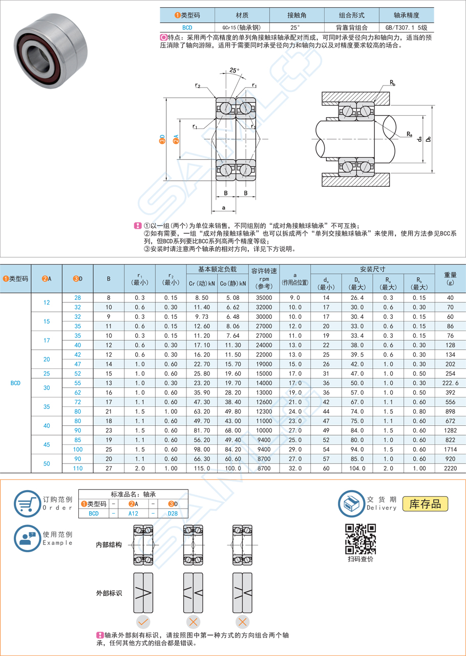 成對角接觸球軸承-背靠背組合型規格參數尺寸材質