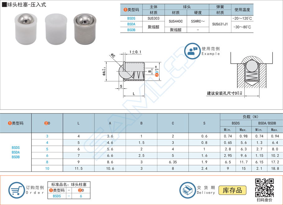 球頭柱塞-壓入式規格參數尺寸材質