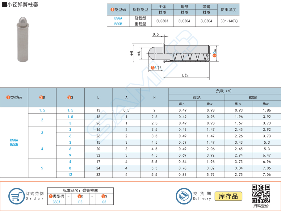 小徑彈簧柱塞規格參數尺寸材質