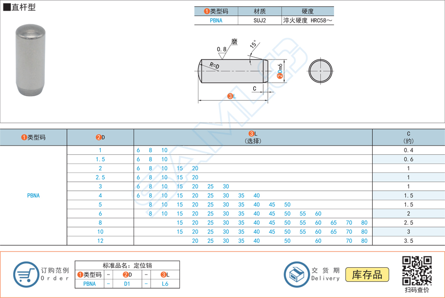 標準定位銷-直桿型圓柱銷規格參數尺寸材質