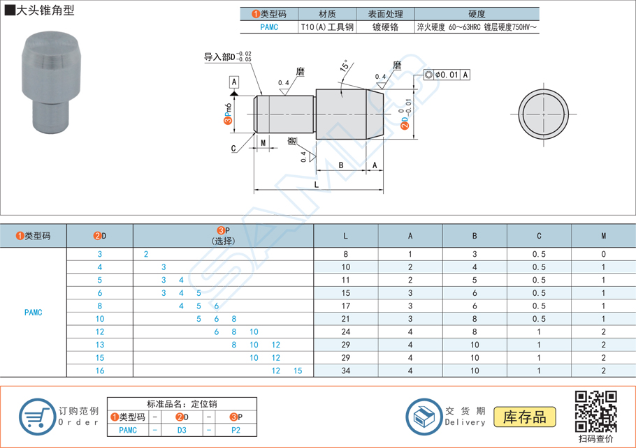 精密定位銷-大頭錐角型銷釘規格參數尺寸材質
