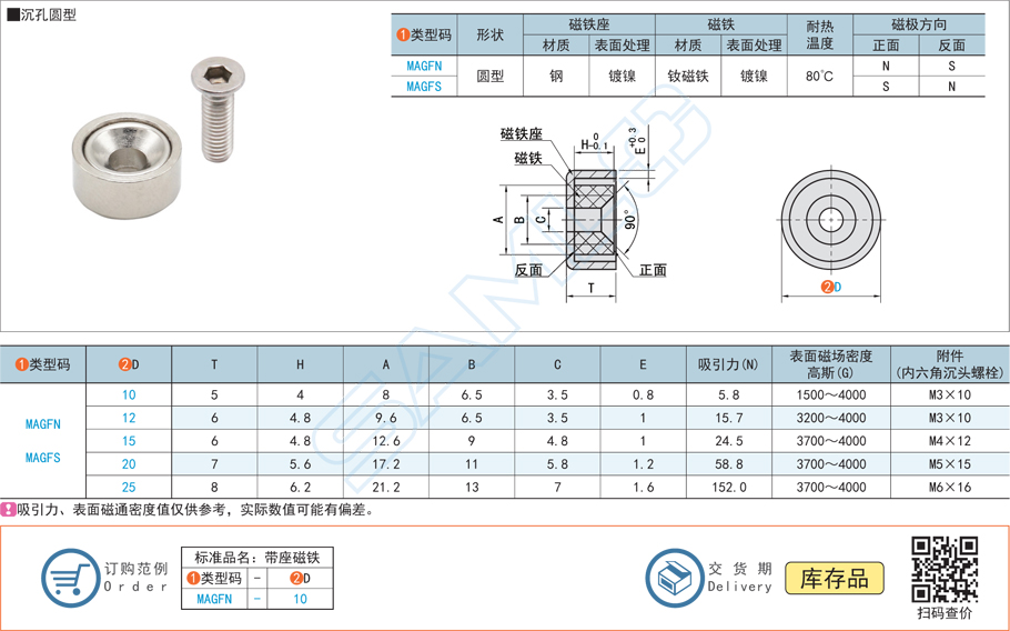 帶座磁鐵-沉孔圓型規格參數尺寸材質