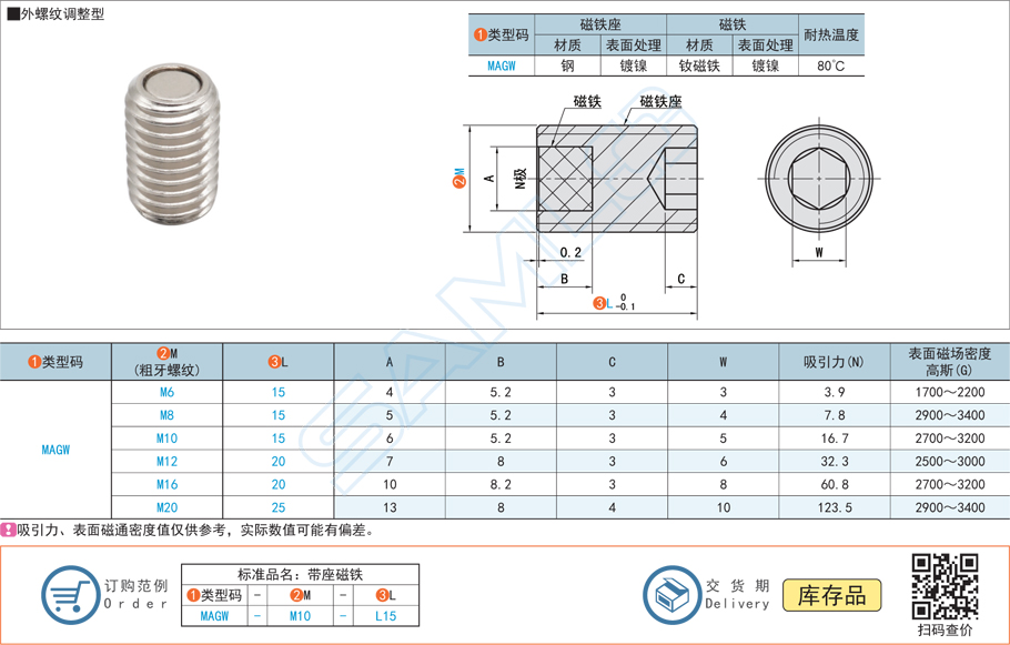 帶座磁鐵-外螺紋調整型規格參數尺寸