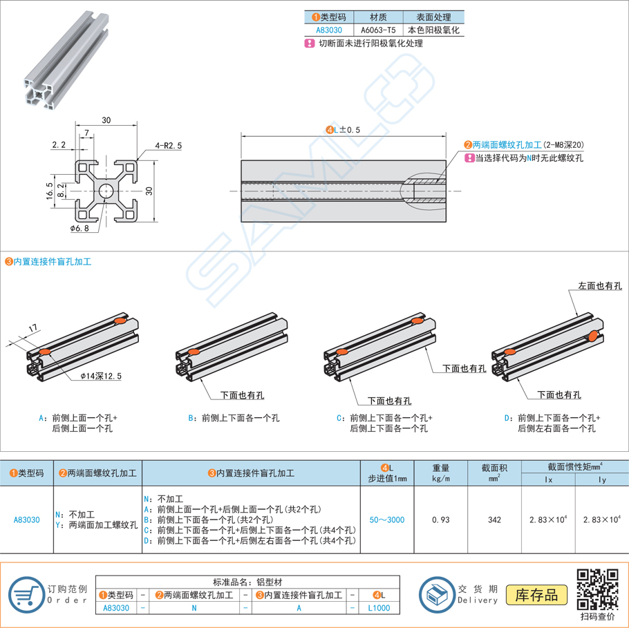 30系列鋁合金型材-30×30規格參數尺寸