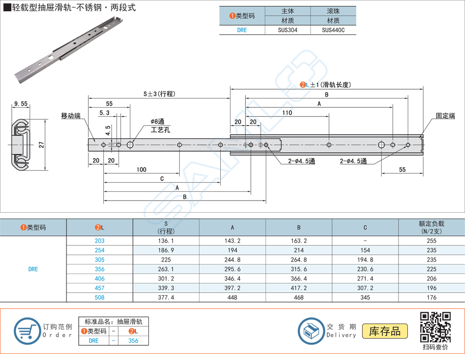 輕載型抽屜工業滑軌-不銹鋼兩段式導軌規格參數尺寸材質