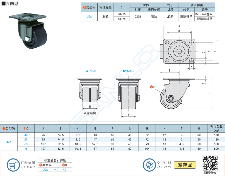 低重心重載腳輪-萬向型JCA規格參數尺寸材質