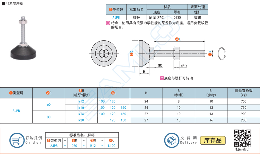 水平調節防震腳杯-尼龍底座型AJPB規格參數尺寸材質