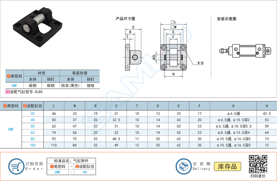 氣缸安裝附件CWF規格參數尺寸材質
